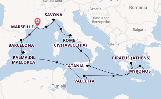 Western Mediterranean from Marseille, France with the Costa Serena