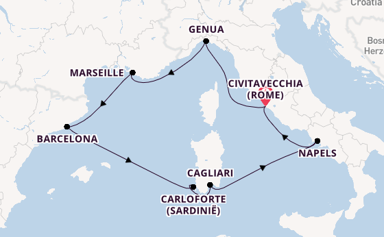 Westelijke Middellandse Zee vanaf Civitavecchia (Rome), Italië met de Costa Smeralda