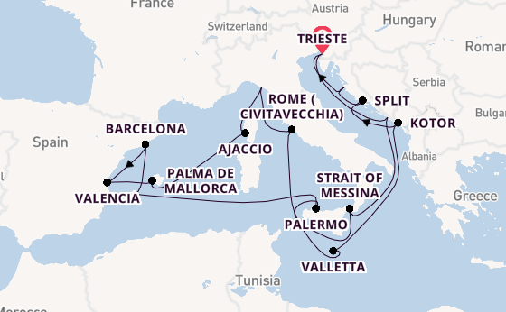 Western Mediterranean from Trieste, Italy with the Queen Elizabeth
