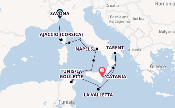 Westelijke Middellandse Zee vanaf Catania, Italië met de Costa Fascinosa