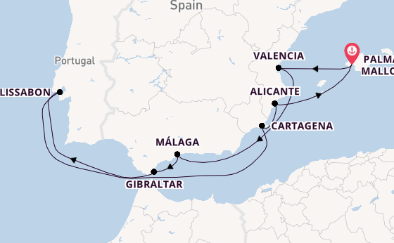 Westelijke Middellandse Zee vanaf Palma de Mallorca, Mallorca, Spanje met AIDAsol