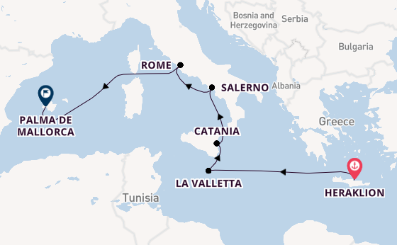 Westelijke Middellandse Zee vanaf Heraklion, Griekenland met de Mein Schiff 5