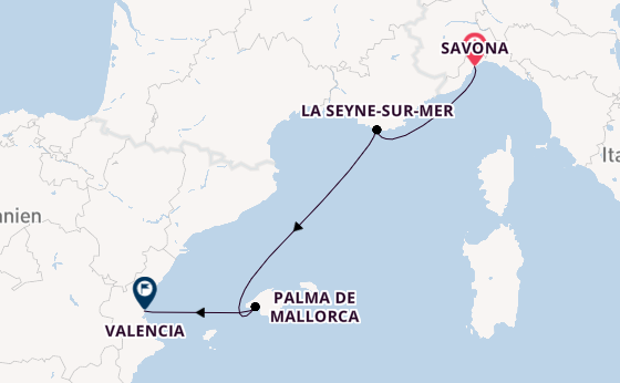 Westliches Mittelmeer ab Savona, Italien auf der Costa Pacifica