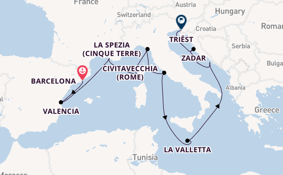 Middellandse Zee vanaf Barcelona, Spanje met de Queen Elizabeth
