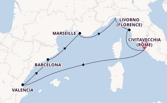 Westelijke Middellandse Zee vanaf Civitavecchia (Rome), Italië met de MSC Lirica