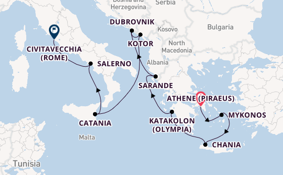 Middellandse Zee vanaf Athene (Piraeus), Griekenland met de Caribbean Princess