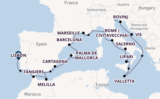 Mediterranean Sea from Fusina (Venice) with the Seabourn Ovation 