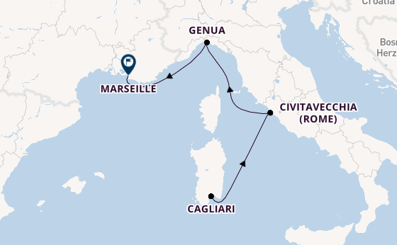 Westelijke Middellandse Zee vanaf Cagliari, Sardinië met de MSC Musica