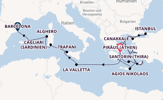 Mittelmeer ab Piräus (Athen), Griechenland auf der Seabourn Ovation