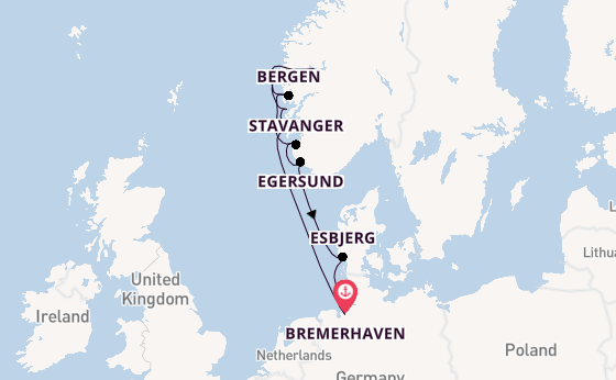 Noorwegen vanaf Bremerhaven, Duitsland met de Amadea