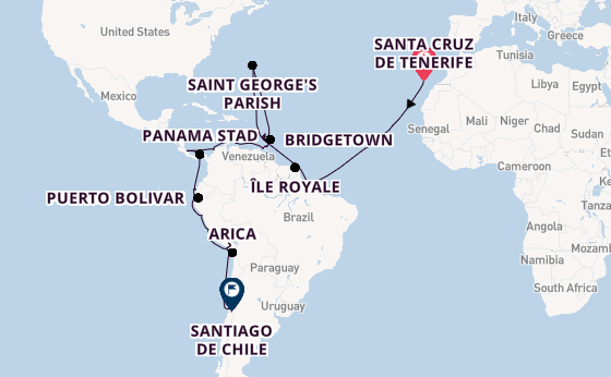 Zuid-Amerika vanaf Santa Cruz de Tenerife, Tenerife, Spanje met de VASCO DA GAMA