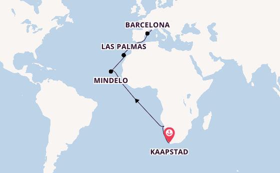 Westelijke Middellandse Zee vanaf Kaapstad, Zuid-Afrika met de Costa Deliziosa