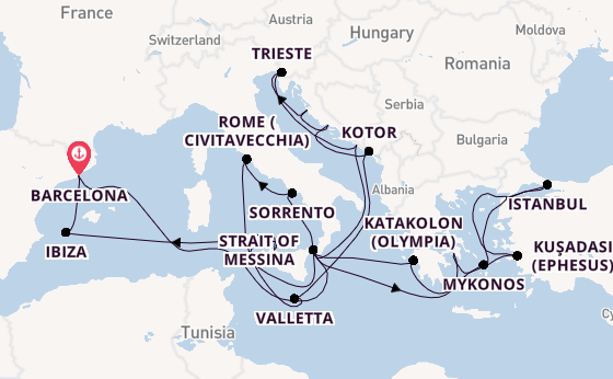 Mediterranean Sea from Barcelona, Spain with the Queen Elizabeth