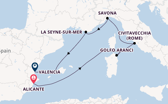 Westelijke Middellandse Zee vanaf Alicante, Spanje met de Costa Pacifica