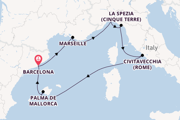 Westelijke Middellandse Zee vanaf Barcelona, Spanje met de MSC World Europa