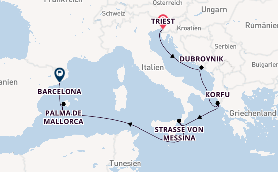 Mittelmeer ab Triest, Italien auf der Queen Elizabeth