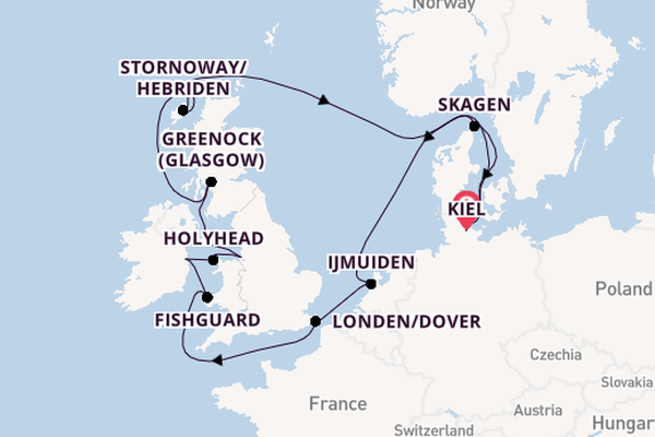 Britse Eilanden vanaf Kiel, Duitsland met AIDAbella
