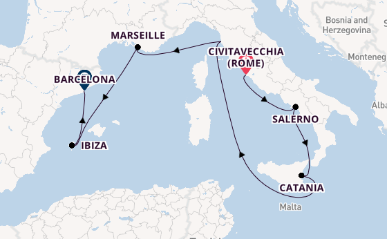 Westelijke Middellandse Zee vanaf Civitavecchia (Rome), Italië met de Norwegian Epic
