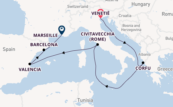 Westelijke Middellandse Zee vanaf Venetië, Italië met de MSC Lirica