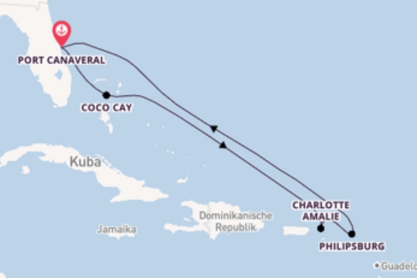 Wunderbare Kreuzfahrt über Coco Cay nach Port Canaveral