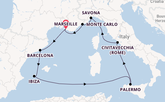 Westelijke Middellandse Zee vanaf Marseille, Frankrijk met de Costa Toscana