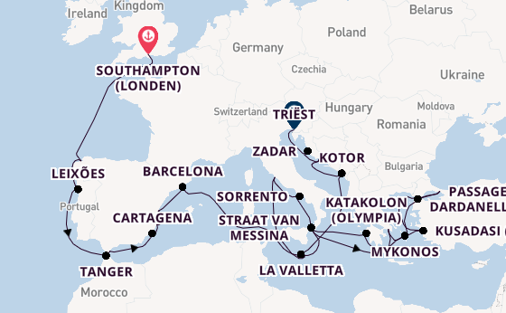 Middellandse Zee vanaf Southampton (Londen), Engeland met de Queen Elizabeth