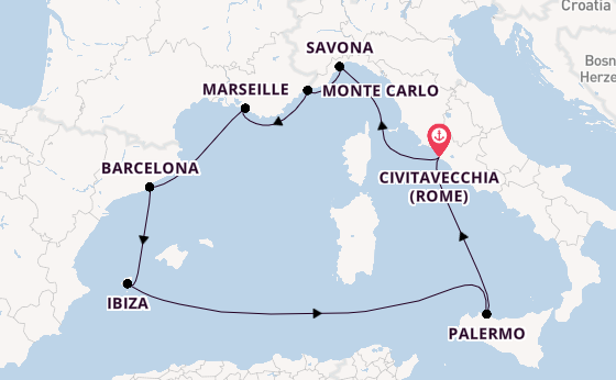Westelijke Middellandse Zee vanaf Civitavecchia (Rome), Italië met de Costa Toscana
