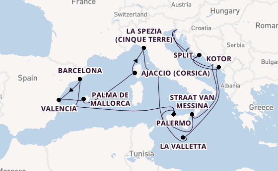 Westelijke Middellandse Zee vanaf Triëst, Italië met de Queen Elizabeth