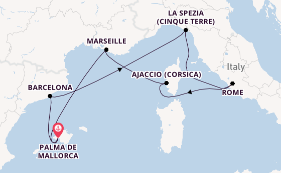 Westelijke Middellandse Zee vanaf Palma de Mallorca, Mallorca, Spanje met de Mein Schiff Flow