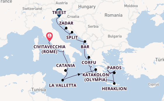 Middellandse Zee vanaf Civitavecchia (Rome), Italië met de Sonata (Oceania)