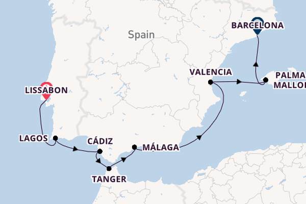 Westelijke Middellandse Zee vanaf Lissabon, Portugal met de Le Champlain