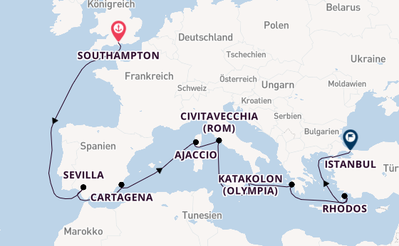 Mittelmeer ab Southampton, Großbritannien auf der Queen Elizabeth
