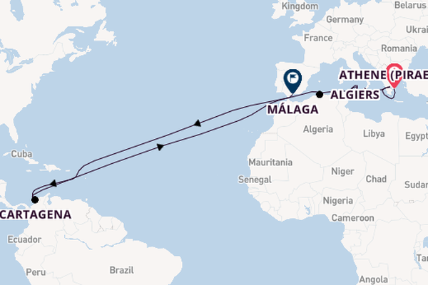 trans-Atlantisch vanaf Athene (Piraeus), Griekenland met de Le Bougainville