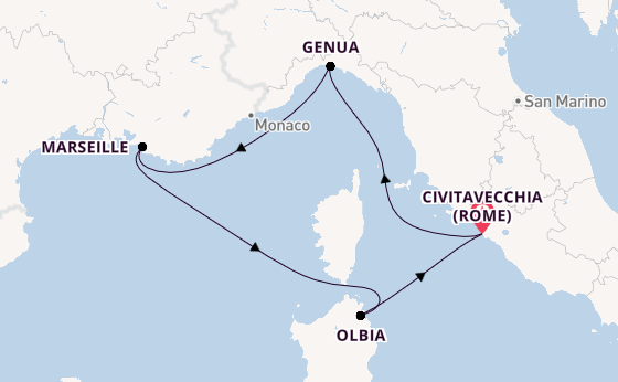 Westelijke Middellandse Zee vanaf Civitavecchia (Rome), Italië met de MSC Sinfonia