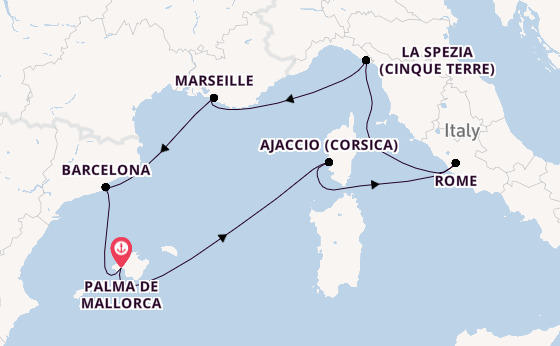 Westelijke Middellandse Zee vanaf Palma de Mallorca, Mallorca, Spanje met de Mein Schiff Flow