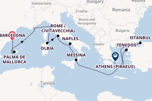 Voyage from Barcelona to Athens (Piraeus) via Saint-Tropez