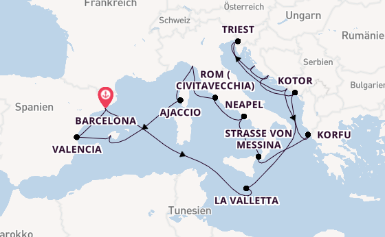 Mittelmeer ab Barcelona, Spanien auf der Queen Elizabeth