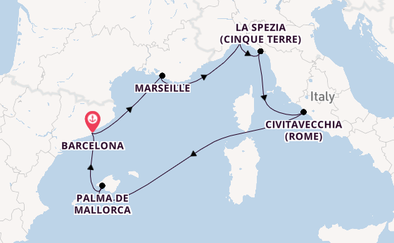 Westelijke Middellandse Zee vanaf Barcelona, Spanje met de MSC World Europa