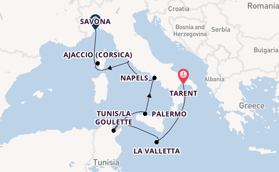 Westelijke Middellandse Zee vanaf Tarent, Italië met de Costa Fascinosa