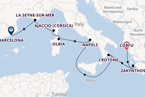 Westelijke Middellandse Zee vanaf Corfu, Griekenland met AIDAblu