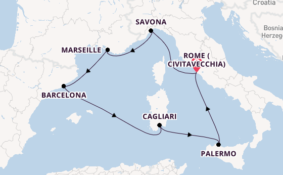 Western Mediterranean from Rome (Civitavecchia), Italy with the Costa Smeralda