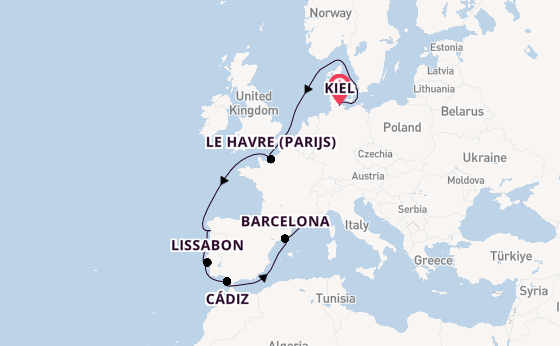 Westelijke Middellandse Zee vanaf Kiel, Duitsland met de Costa Diadema