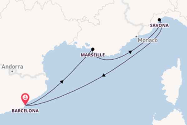 Westelijke Middellandse Zee vanaf Barcelona, Spanje met de Costa Diadema