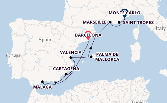 Westelijke Middellandse Zee vanaf Barcelona, Spanje met de Silver Ray