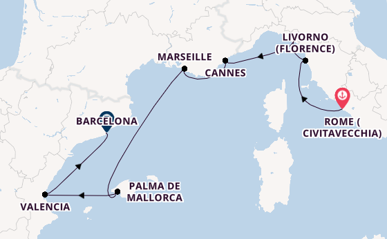 Western Mediterranean from Rome (Civitavecchia), Italy with the Allura