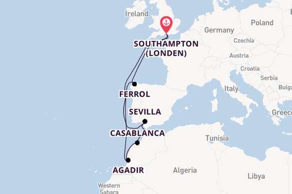 Noord-Afrika vanaf Southampton (Londen), Engeland met de Queen Anne