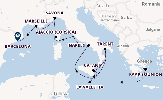 Westelijke Middellandse Zee vanaf Athene (Piraeus), Griekenland met de Costa Serena