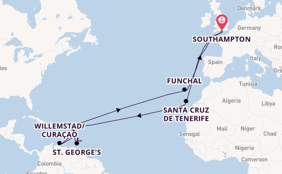 Caribbean from Southampton, England with the Queen Mary 2