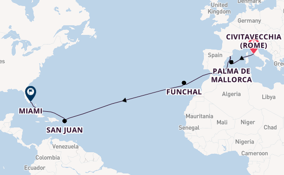 trans-Atlantisch vanaf Civitavecchia (Rome), Italië met de MSC Grandiosa
