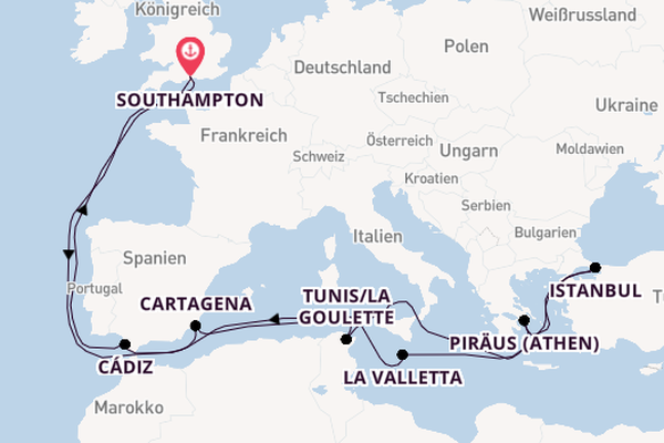 Mittelmeer ab Southampton, Großbritannien auf der Arcadia